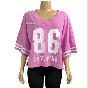 Victorias Secret Pink Varsity Short Sleeve Cropped V neck Oversized Tee Shirt
